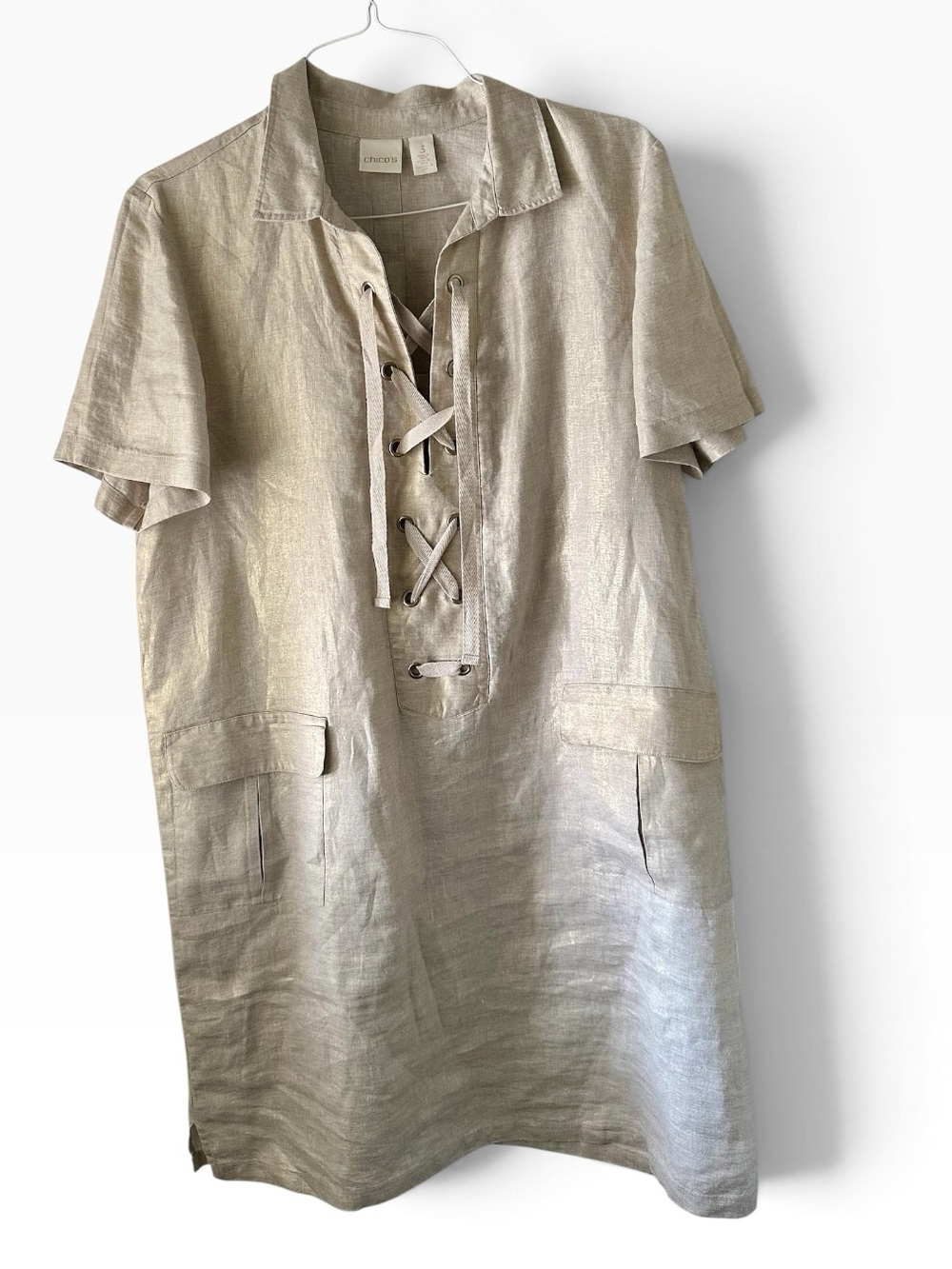 Chico's | Foiled Linen Gold Sheen Tan Lace Up Shift Dress Size 3